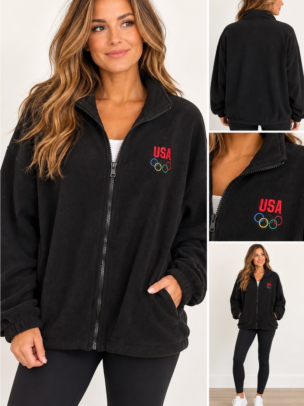 Source Unknown Black Teddy Fleece Jacket with USA Olympic Logo
